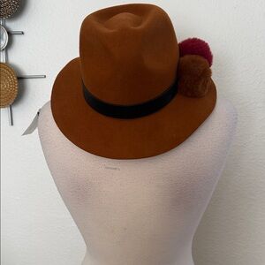 BCBGMaxAzria Tan Fedora with Black Band and Pom Accents